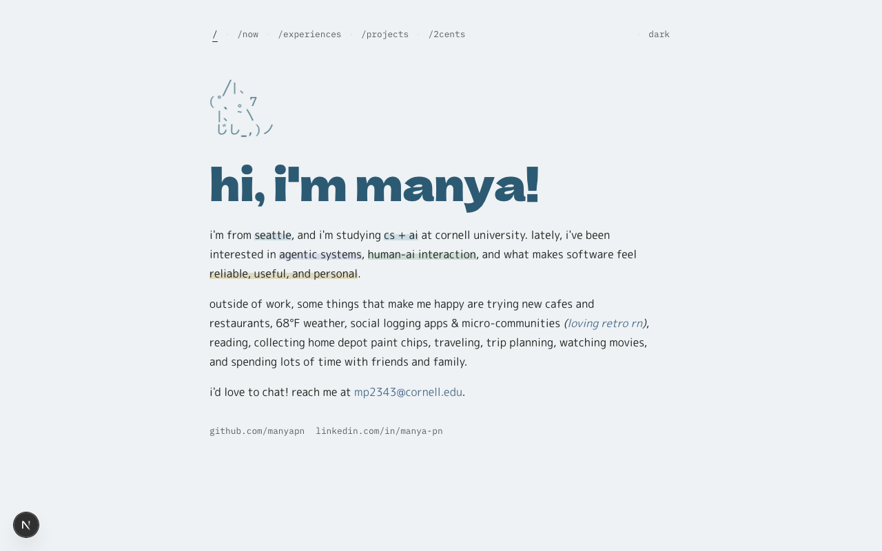 the finished site: home page with ascii cat, mildliner highlights, and teal color scheme
